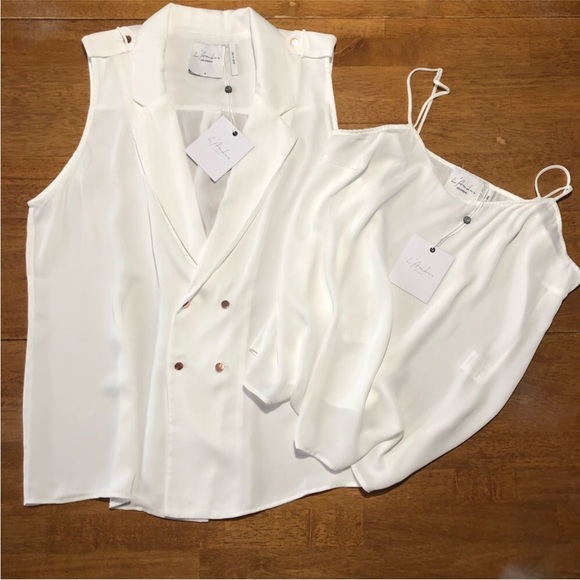 L'Academie Military Button Down Sleeveless White Blouse L REVOLVE Cami Satin M - Picture 2 of 10